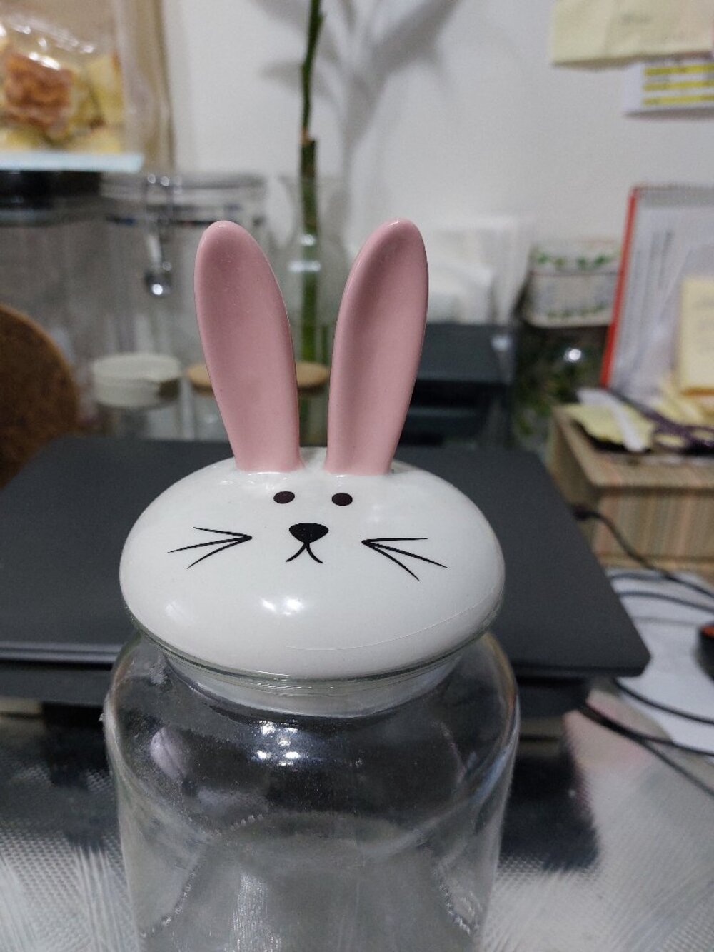 Glass Jar with Bunny Rabbit Ear Lid Transparent Beautiful Easter Decor Candy Jar